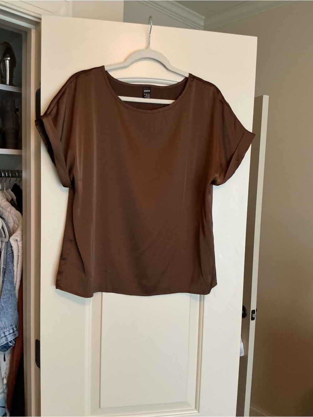 Chocolate Brown Short Sleeve Satin Blouse - Women